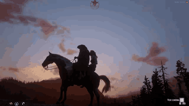 a screenshot of a video game shows a man and a woman riding horses