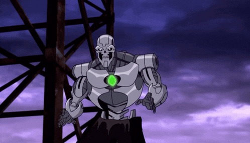 a cartoon drawing of a robot with a green light in his chest