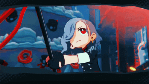 a cartoon of a girl holding a sword with a red eye