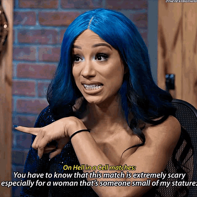 a woman with blue hair says on hell in a cell matches you have to know that this match is extremely scary especially for a woman