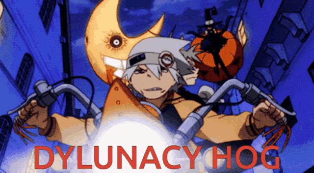 a cartoon of a man riding a motorcycle with the words dylunacy hog written in red