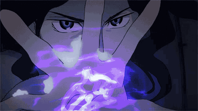 a close up of a person 's face with a purple light coming out of it