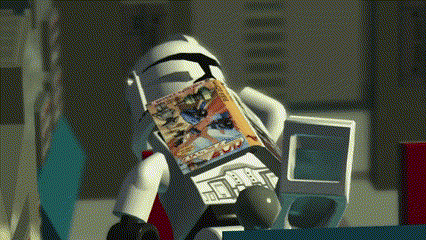 a lego storm trooper is holding a book that says star wars
