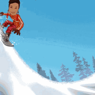 a cartoon of a person snowboarding down a snowy slope