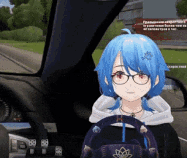 a girl with blue hair is sitting in a car