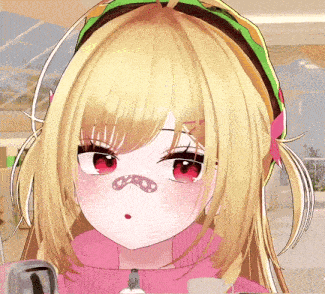 a close up of a blonde anime girl with red eyes and a nose patch
