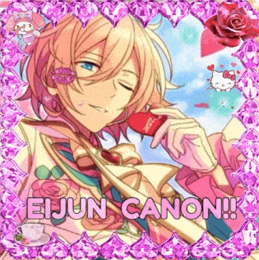a picture of a anime character with a heart in his hand and the name eijun canon written on it .