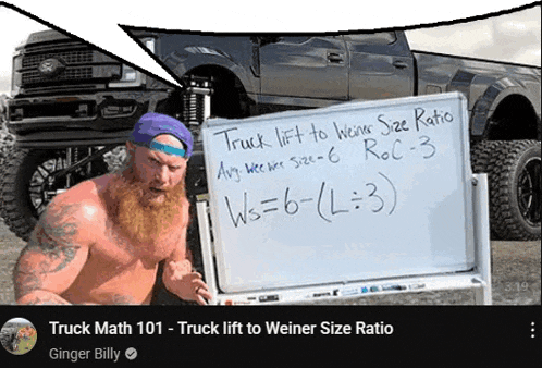 a man with a beard is standing in front of a white board that says truck lift to weiner size ratio on it