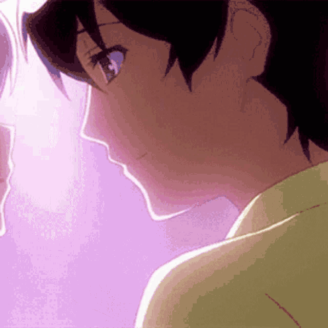 a close up of two anime characters looking at each other