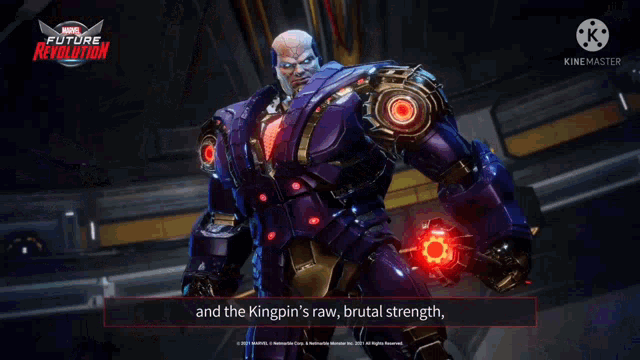 a robot is standing in a room with a caption that says `` and the kingpin 's raw , brutal strength , ''