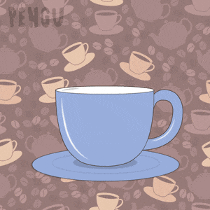 a penguin is sitting in a cup with the words good mor on the bottom
