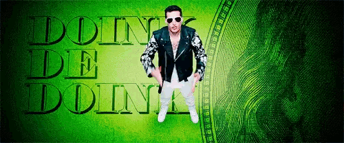 a man in a leather jacket and sunglasses is standing in front of a green background that says doin ' die doin '