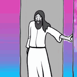 a cartoon of jesus with a beard standing in a doorway