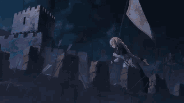 a blonde anime girl in armor is holding a flag in her hands .