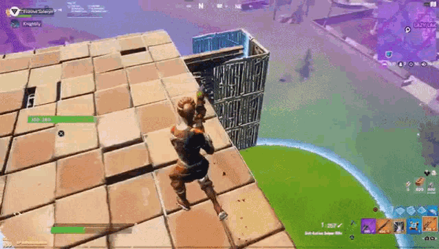 a person is playing a video game called fortnite and is jumping off a building .