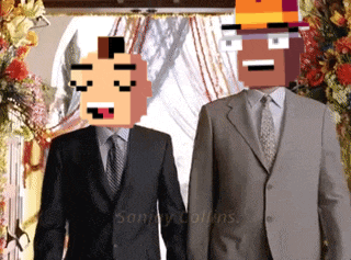 a couple of men in suits and ties standing next to each other with pixel faces on their heads