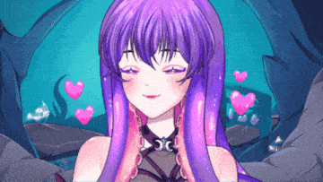 a girl with purple hair and hearts around her