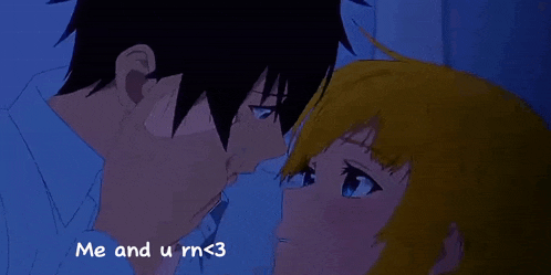 a boy and a girl kissing with the words me and u rn < 3 below them