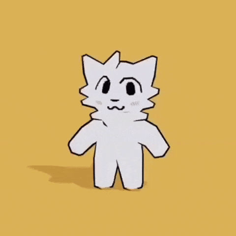 a cartoon drawing of a white furry animal with a red cube on its head .