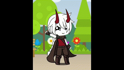 a cartoon character with red horns is standing in a park holding a sword .