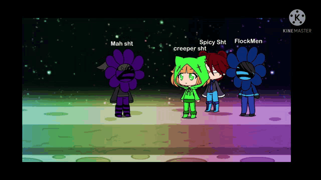 a group of cartoon characters including mah shti spicy shti flockmen and creeper shti are standing next to each other