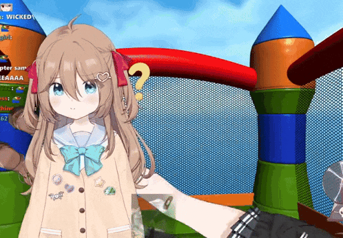 a girl with a question mark on her head stands in front of a bouncy house in a video game