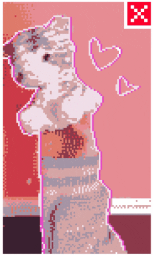 a pixel art drawing of a dog with hearts surrounding it