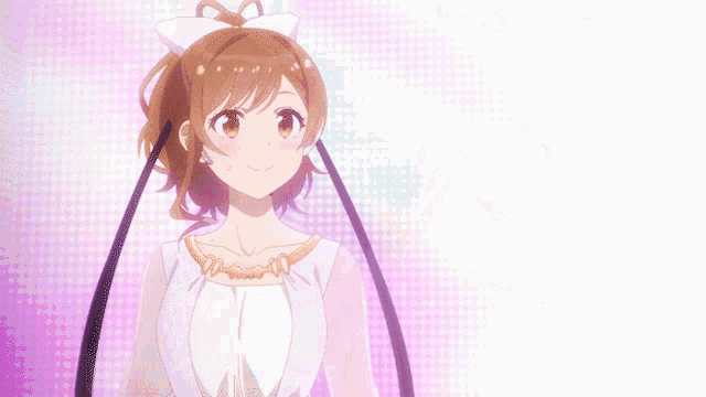 a girl with a bow on her head is standing in front of a pink background