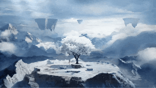 a tree in the middle of a snowy mountain surrounded by floating islands