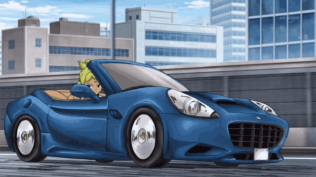 a cartoon drawing of a blue sports car with a license plate that says ' tbs ' on it