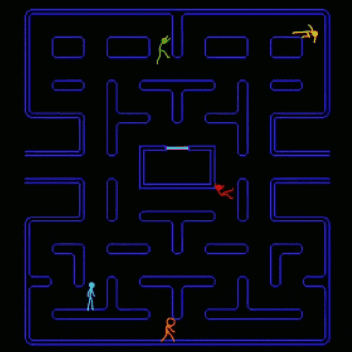 a maze with stick figures in it and the letter t on the bottom right