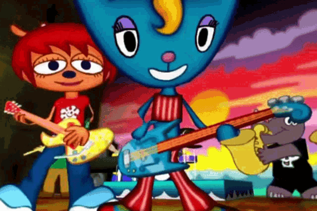 a cartoon of a girl playing a guitar and a blue cat playing a sax