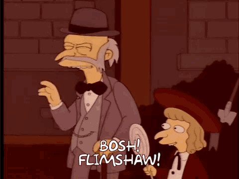 a cartoon character says bosh flimshaw and holds a plate