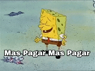 a cartoon of spongebob squarepants laughing with the words `` mas pagar mas pagar '' written above him .
