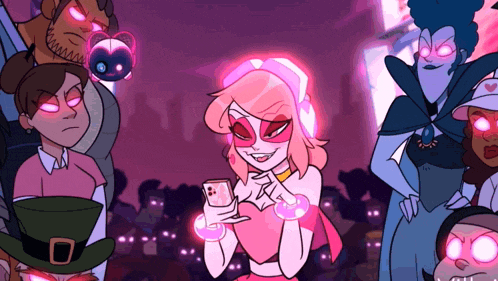 a group of cartoon characters are standing around a girl in a pink dress holding a cell phone