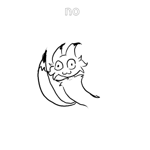 a black and white drawing of a squirrel with the word no below it