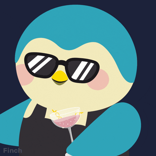 a penguin wearing sunglasses is holding a glass of wine and the word tgif is on the bottom