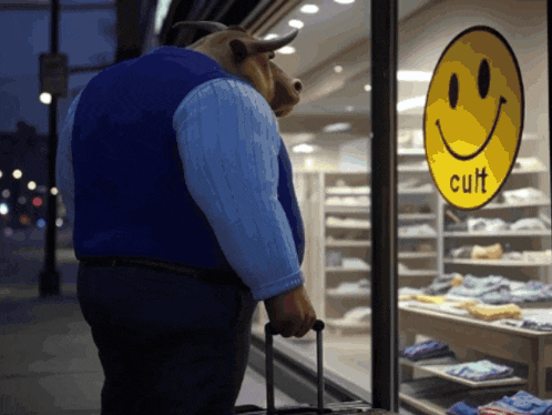 a statue of a bull looking out a store window with a smiley face and the word cult on it