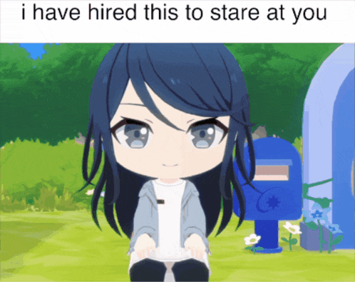 a picture of a girl with the words " i have hired this to stare at you "
