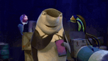 a cartoon shark is wearing a suit and holding a cup in his hand .