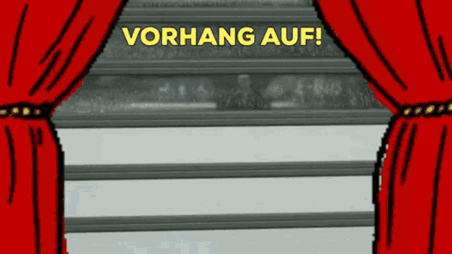 a cartoon of a red curtain with the words vorhang auf