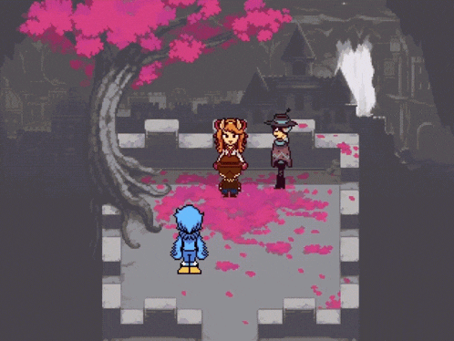 a video game with a wolf and a witch talking to each other