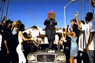 a group of people are dancing in front of a car with a man standing on top of it
