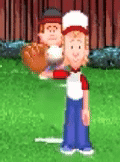 a cartoon boy is holding a baseball and a catchers mitt .