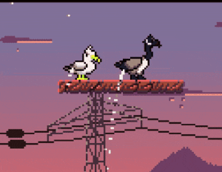 a pixel art of two birds standing on top of a tower