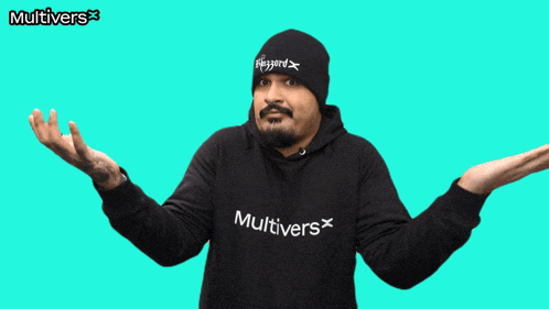 a man wearing a black hoodie that says multivers on the front