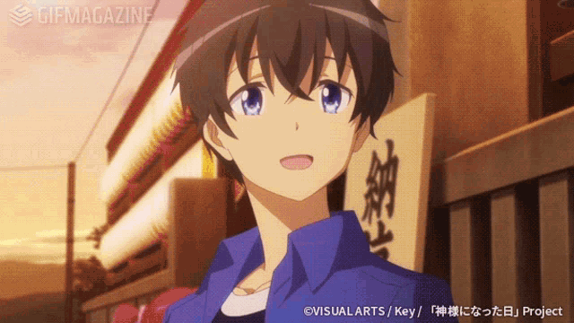 a boy with blue eyes is standing in front of a sign that says project
