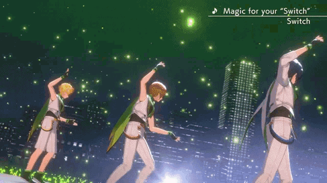 three anime characters are dancing in front of a sign that says magic for your switch