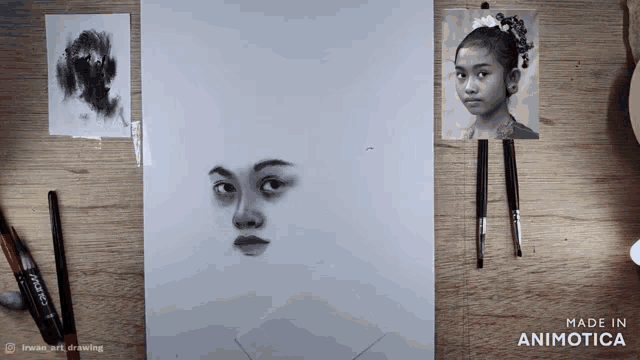 a black and white drawing of a girl 's face is made in animatica