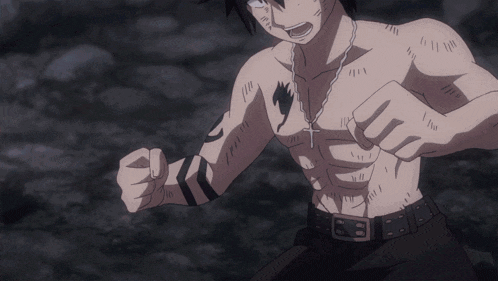 a shirtless anime character with a cross necklace is flying through the air